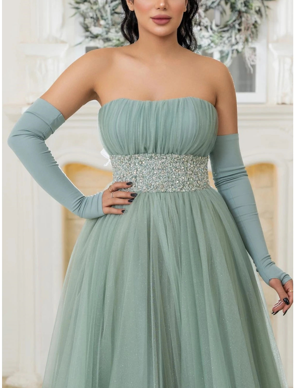 A-Line Prom Dresses Elegant Dress Formal Sweep / Brush Train Christmas Red Green Dress Long Sleeve Strapless Tulle with Bow(s) Pleats Sequin 2025